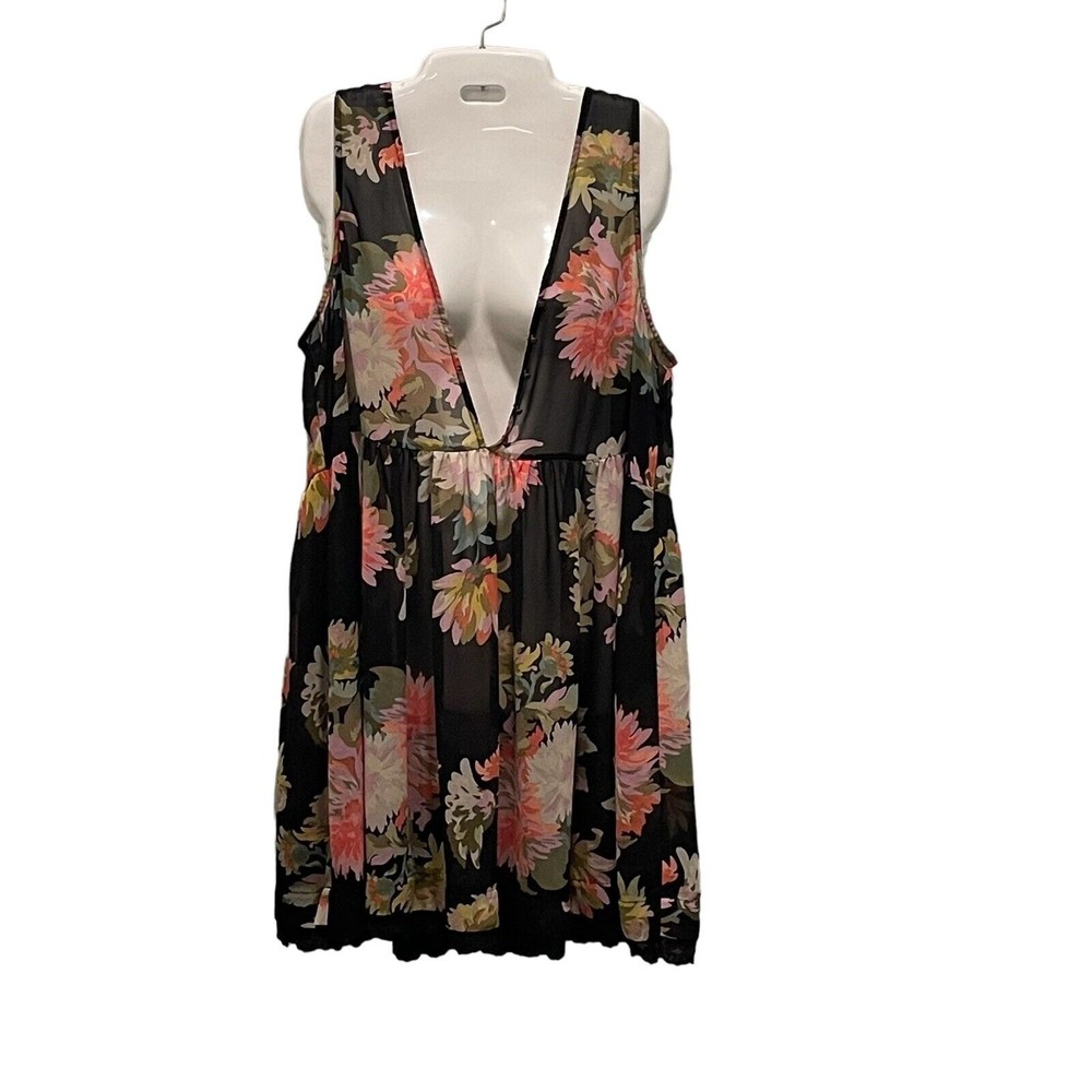 Maeve Anthropologie Sheer Plunge Dress Swim Coverup Petite L LP Black Floral